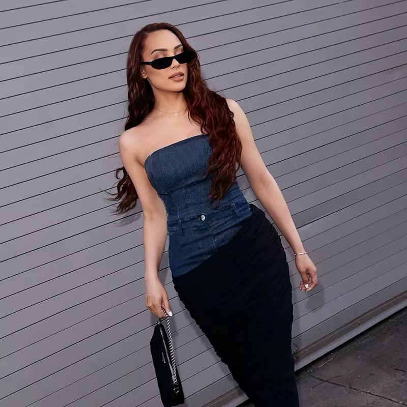 Elegant Strapless Patchwork Off Shoulder Sleeveless Party Bodycon Maxi Dress - Image 2