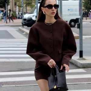 Elegant Streetwear Balloon Buttons Cropped Blazer Coat Zipper Mini Skirt Suits 2 Pieces Sets
