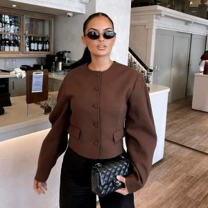 Elegant Streetwear Balloon Buttons Cropped Blazer Coat Zipper Mini Skirt Suits 2 Pieces Sets 32..jpg__11zon