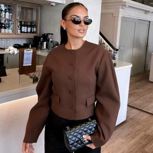 Elegant Streetwear Balloon Buttons Cropped Blazer Coat Zipper Mini Skirt Suits 2 Pieces Sets 33..jpg__11zon