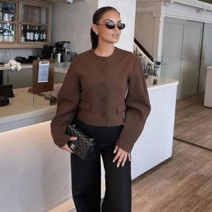 Elegant Streetwear Balloon Buttons Cropped Blazer Coat Zipper Mini Skirt Suits 2 Pieces Sets 34..jpg__11zon