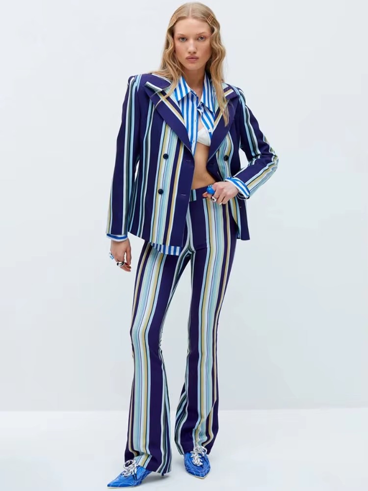 Elegant Striped Notched Designer Runway Jacket Flare Pants 2pcs Suit Set