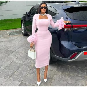 Elegant Sweetheart Neck Feather Patchwork Party Split Midi Dress