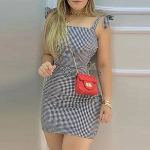 Elegant Tied Shoulder Plaid With Waist Belt Casual Sweet Mini Dress