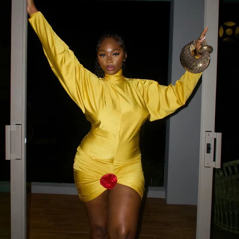 Elegant Turtleneck Backless Lantern Long Sleeve Bodycon Mini Dress - Image 2