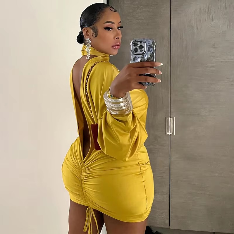 Elegant Turtleneck Backless Lantern Long Sleeve Bodycon Mini Dress - Image 5