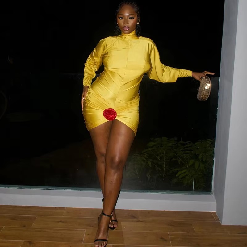 Elegant Turtleneck Backless Lantern Long Sleeve Bodycon Mini Dress - Image 3