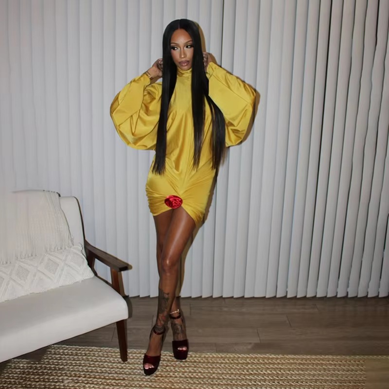 Elegant Turtleneck Backless Lantern Long Sleeve Bodycon Mini Dress - Image 7