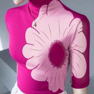 Elegant Turtleneck Half Sleeves Skinny Shirt Floral Printed T-shirt