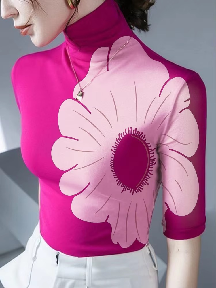 Elegant Turtleneck Half Sleeves Skinny Shirt Floral Printed T-shirt