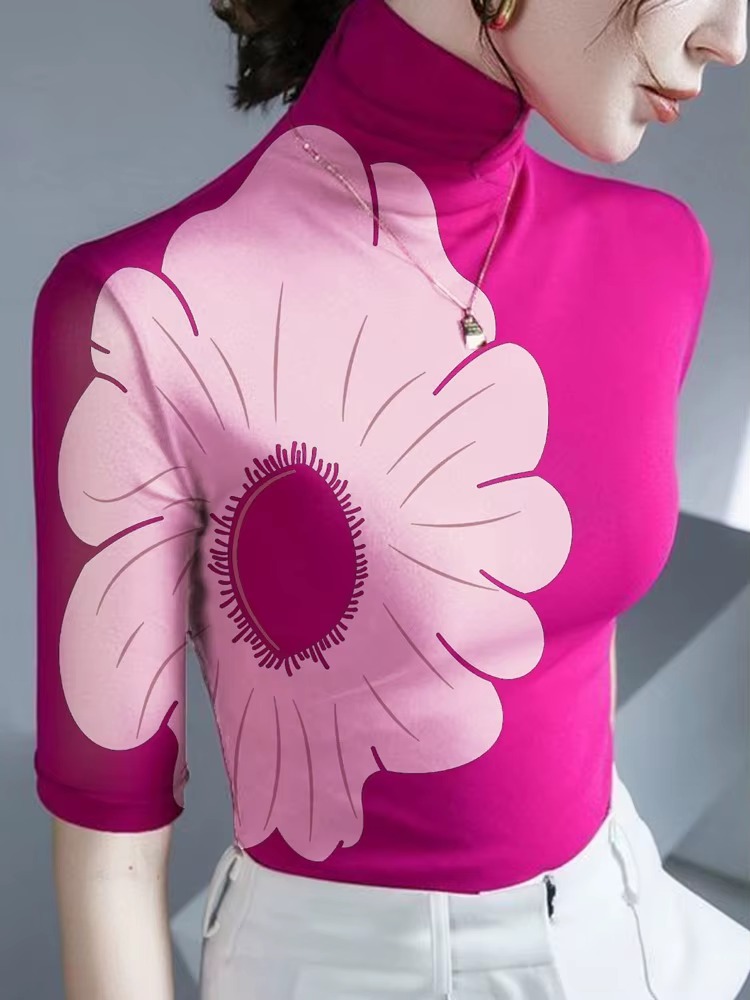 Elegant Turtleneck Half Sleeves Skinny Shirt Floral Printed T-shirt - Image 2