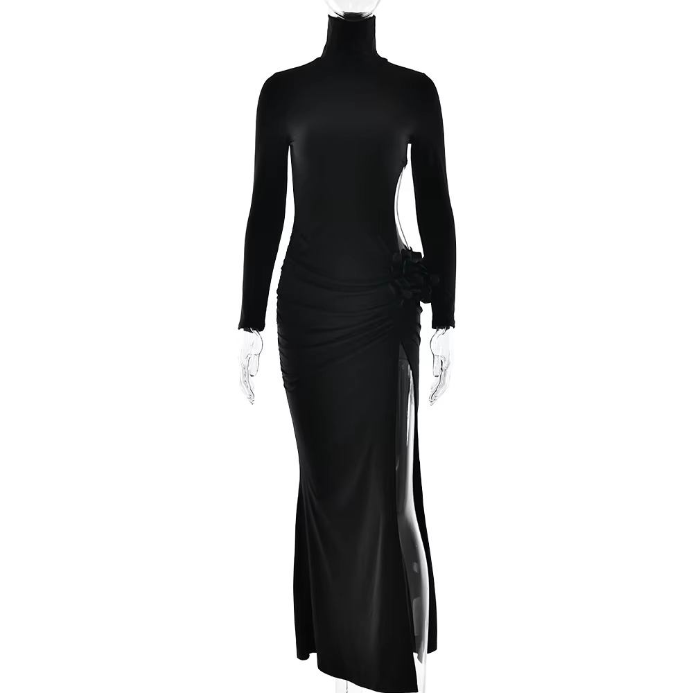 Elegant Turtleneck Hollow Out Side Slit Flower Maxi Dress - Image 10