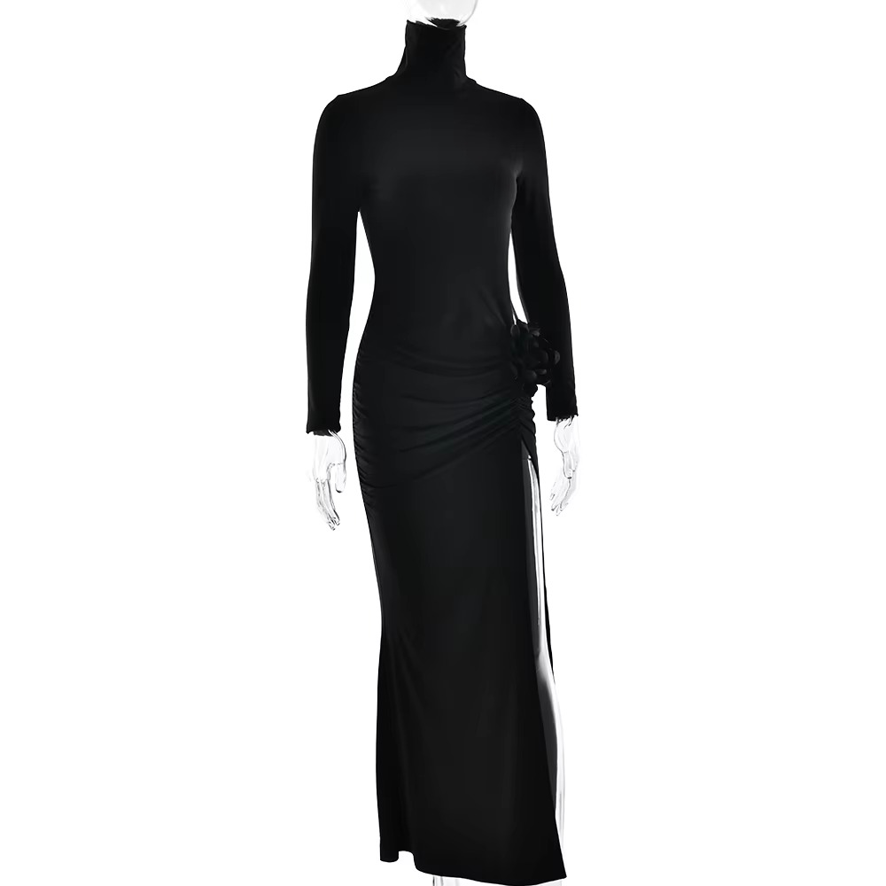 Elegant Turtleneck Hollow Out Side Slit Flower Maxi Dress - Image 11
