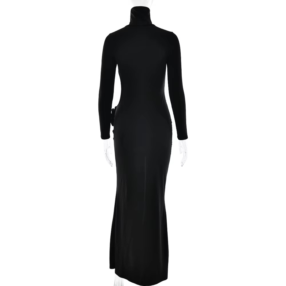 Elegant Turtleneck Hollow Out Side Slit Flower Maxi Dress - Image 12