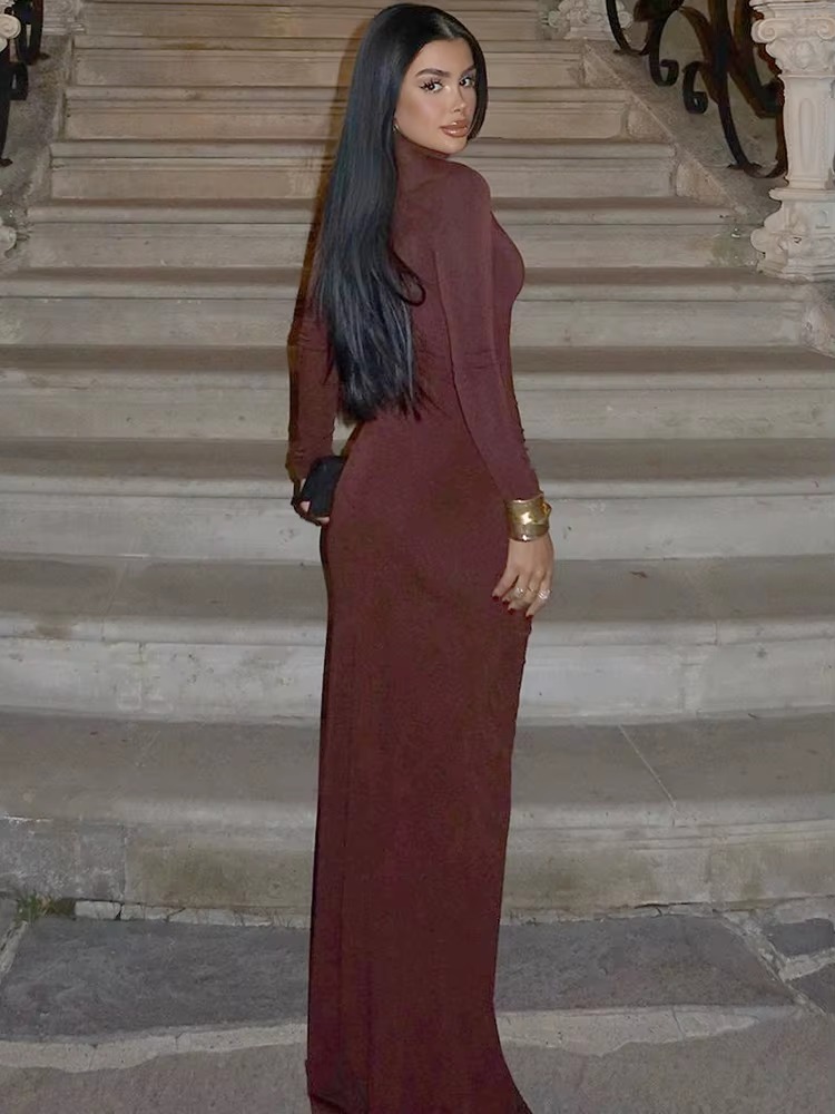 Elegant Turtleneck Hollow Out Side Slit Flower Maxi Dress - Image 2