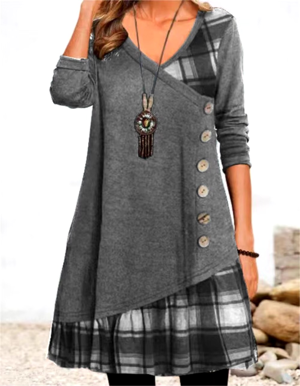 Elegant V-Neck Buttons Long Sleeve Pullover Everyday Loose Party Dress - Image 2