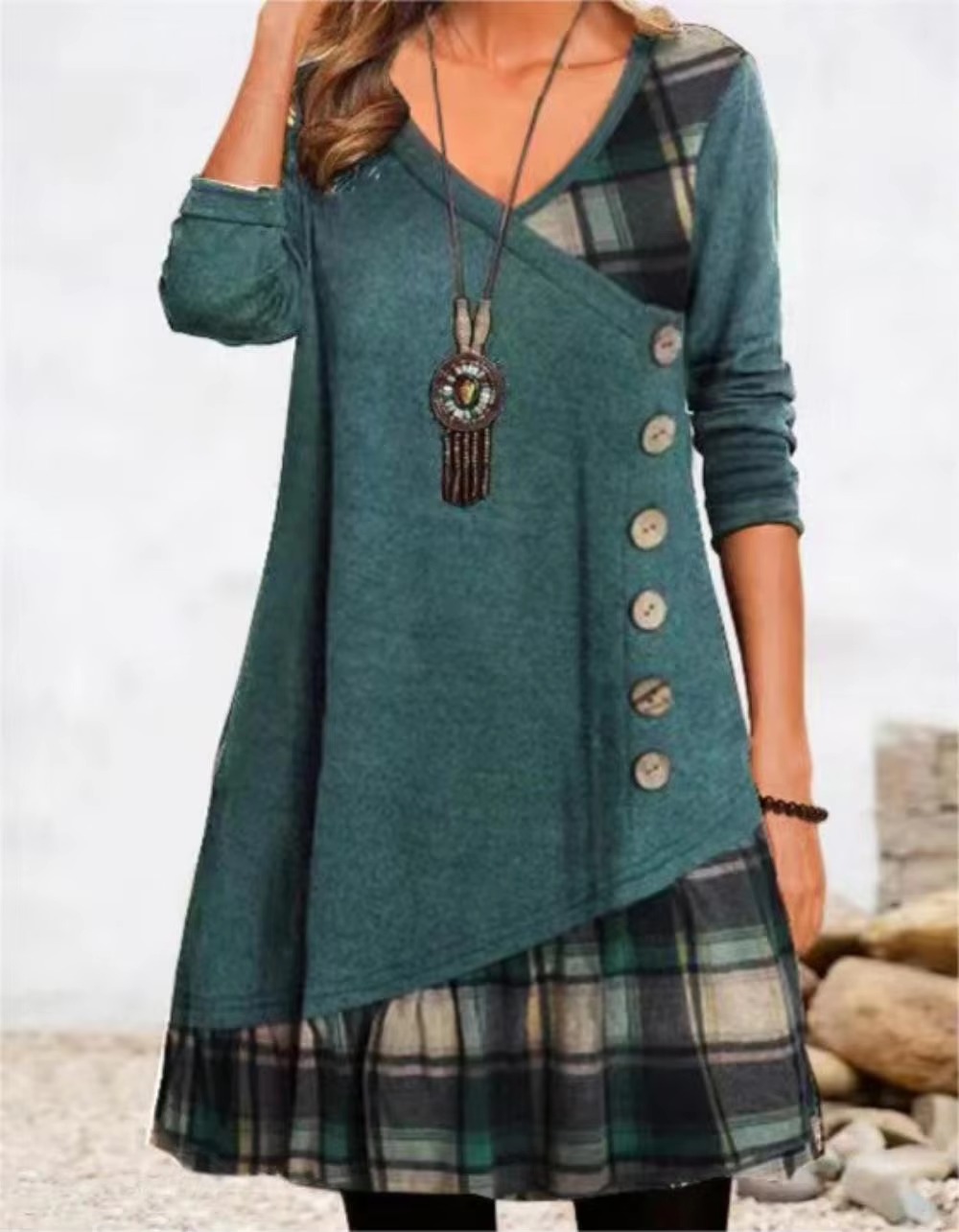 Elegant V-Neck Buttons Long Sleeve Pullover Everyday Loose Party Dress - Image 3