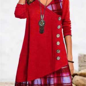 Elegant V-Neck Buttons Long Sleeve Pullover Everyday Loose Party Dress
