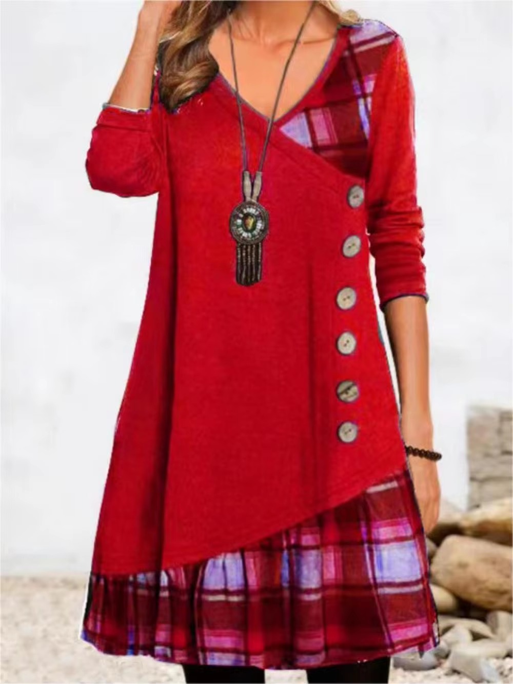 Elegant V-Neck Buttons Long Sleeve Pullover Everyday Loose Party Dress