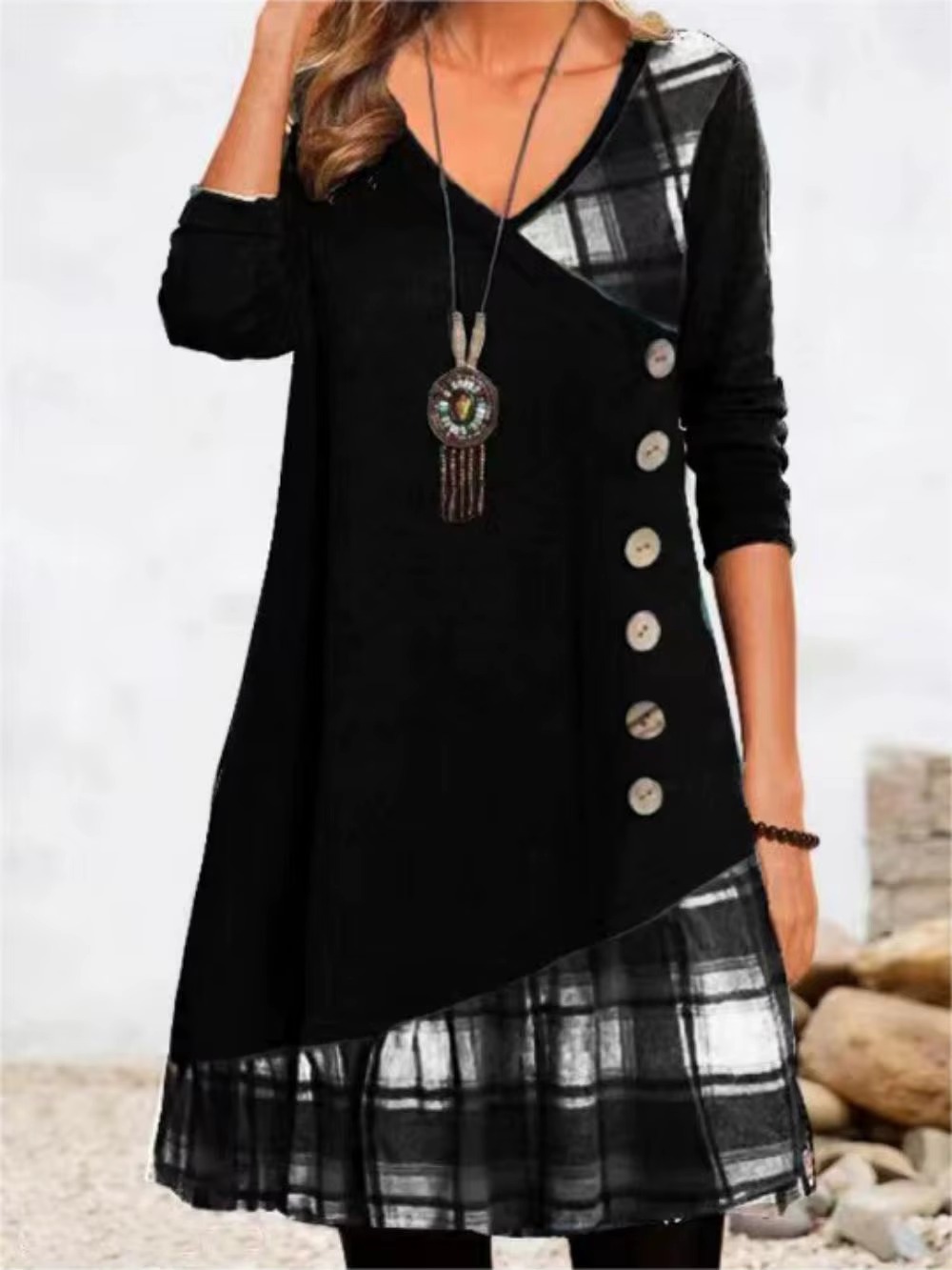 Elegant V-Neck Buttons Long Sleeve Pullover Everyday Loose Party Dress - Image 4