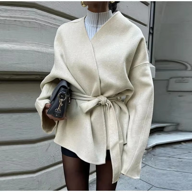 Elegant V-neck Long Sleeve Solid Lace Up Fleece Coat Outerwear - Image 2