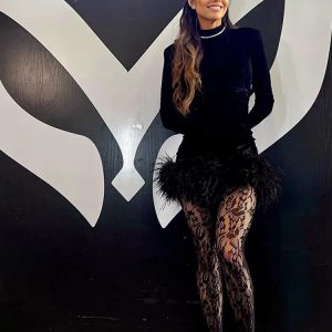 Elegant Velvet Feather Long Sleeve Bodycon Mini Dress