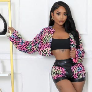 Elegant Warm Thick Crop Jackets Slim PU Shorts 2 Piece Set