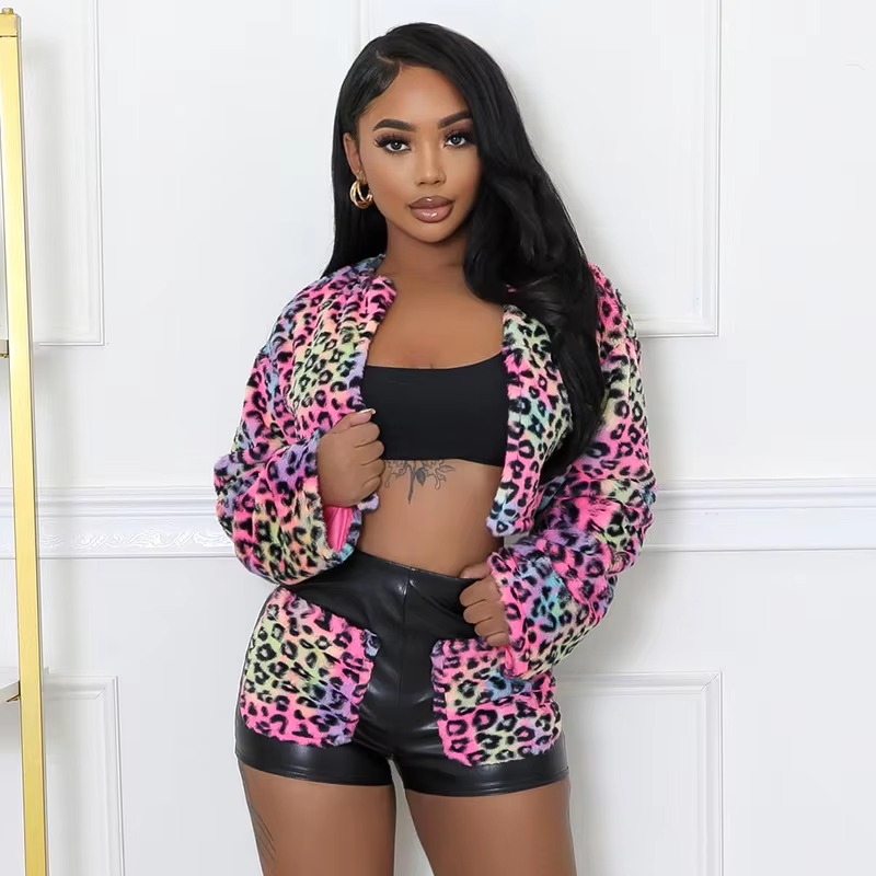 Elegant Warm Thick Crop Jackets Slim PU Shorts 2 Piece Set - Image 2
