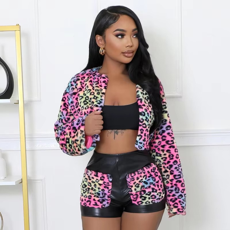 Elegant Warm Thick Crop Jackets Slim PU Shorts 2 Piece Set - Image 3