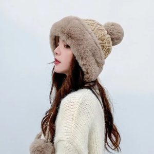 Faux Fur Warm Knitted Bobble Beanie Skiing Furry Hat
