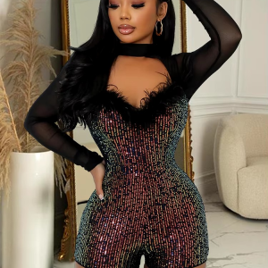 Feather Mesh Patchwork Sequins Glitter Birthday Christmas Night Club Jumpsuits Shorts