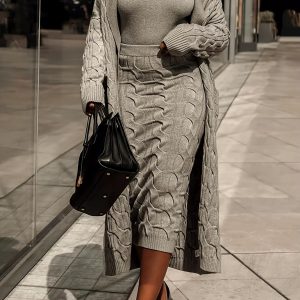 Front Pocketed Cardigan Sleek Sweater With High-Waist Skirt Three-Piece Knit Set