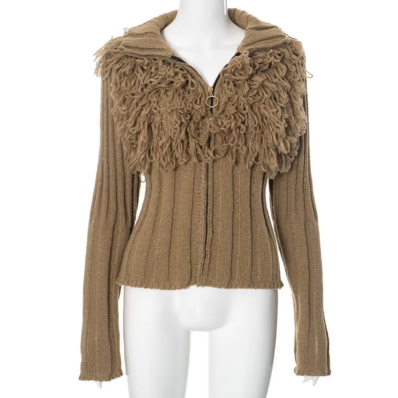 Furry Patchwork Turtleneck Long Sleeve Knitted Cardigan Top - Image 22