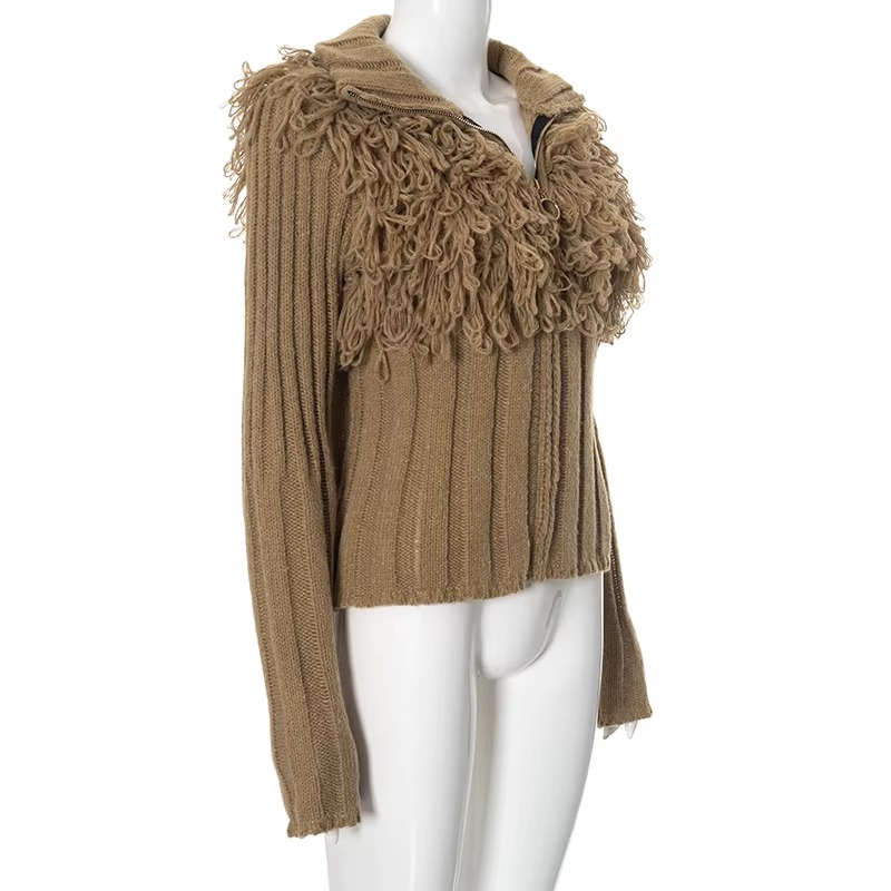 Furry Patchwork Turtleneck Long Sleeve Knitted Cardigan Top - Image 23