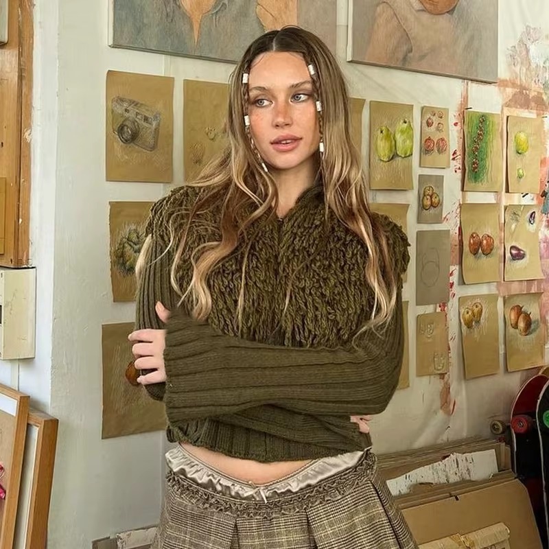 Furry Patchwork Turtleneck Long Sleeve Knitted Cardigan Top - Image 19