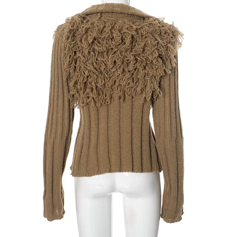 Furry Patchwork Turtleneck Long Sleeve Knitted Cardigan Top - Image 24