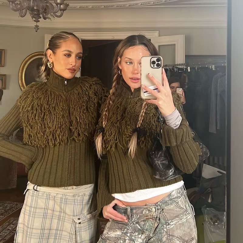 Furry Patchwork Turtleneck Long Sleeve Knitted Cardigan Top - Image 13