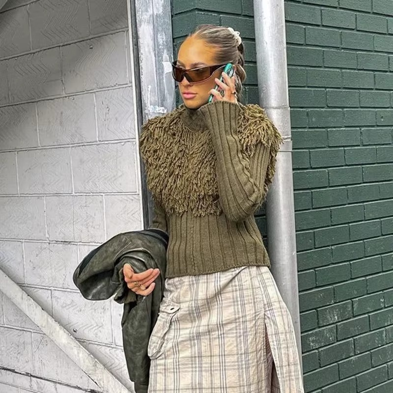 Furry Patchwork Turtleneck Long Sleeve Knitted Cardigan Top - Image 9