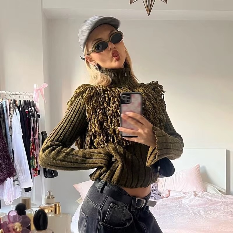 Furry Patchwork Turtleneck Long Sleeve Knitted Cardigan Top - Image 18