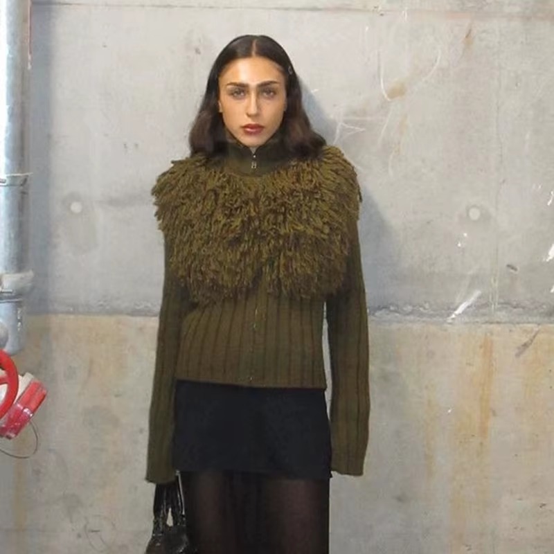 Furry Patchwork Turtleneck Long Sleeve Knitted Cardigan Top - Image 3