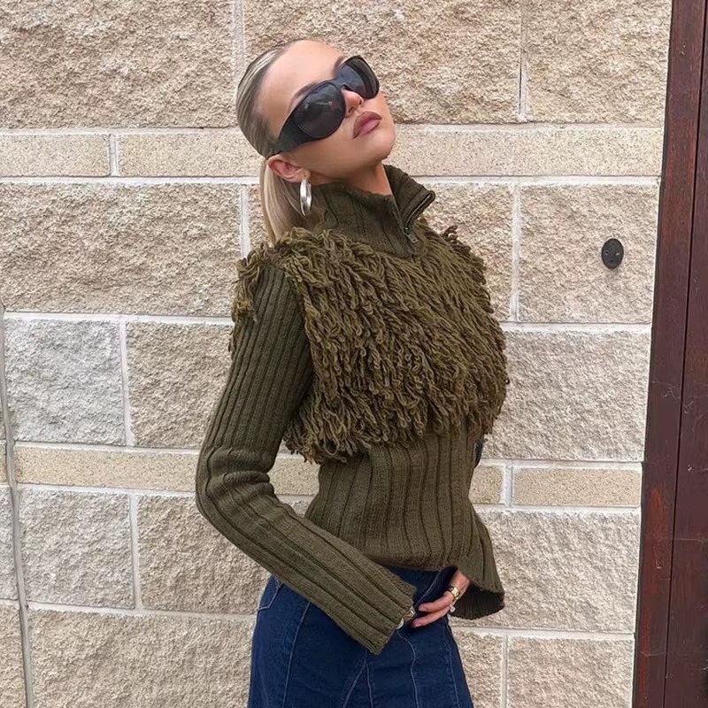 Furry Patchwork Turtleneck Long Sleeve Knitted Cardigan Top - Image 14