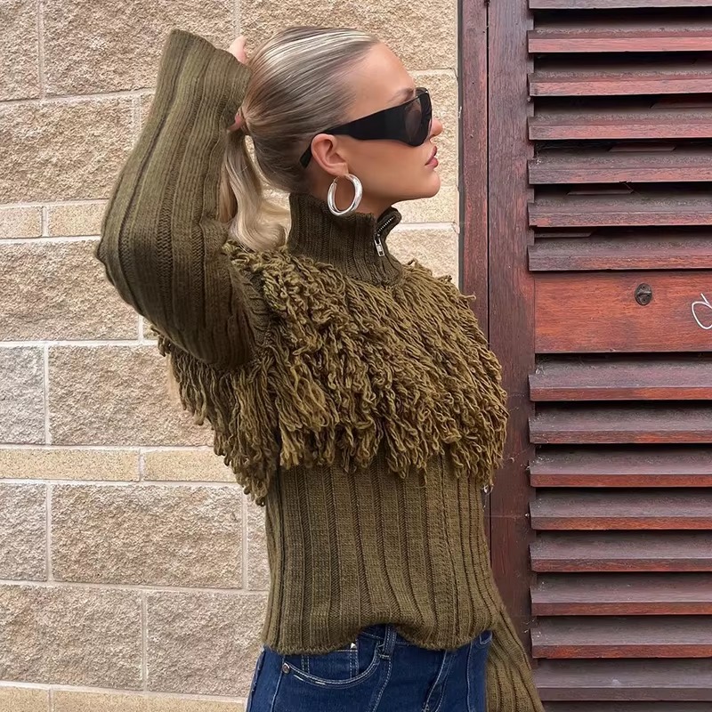 Furry Patchwork Turtleneck Long Sleeve Knitted Cardigan Top - Image 16