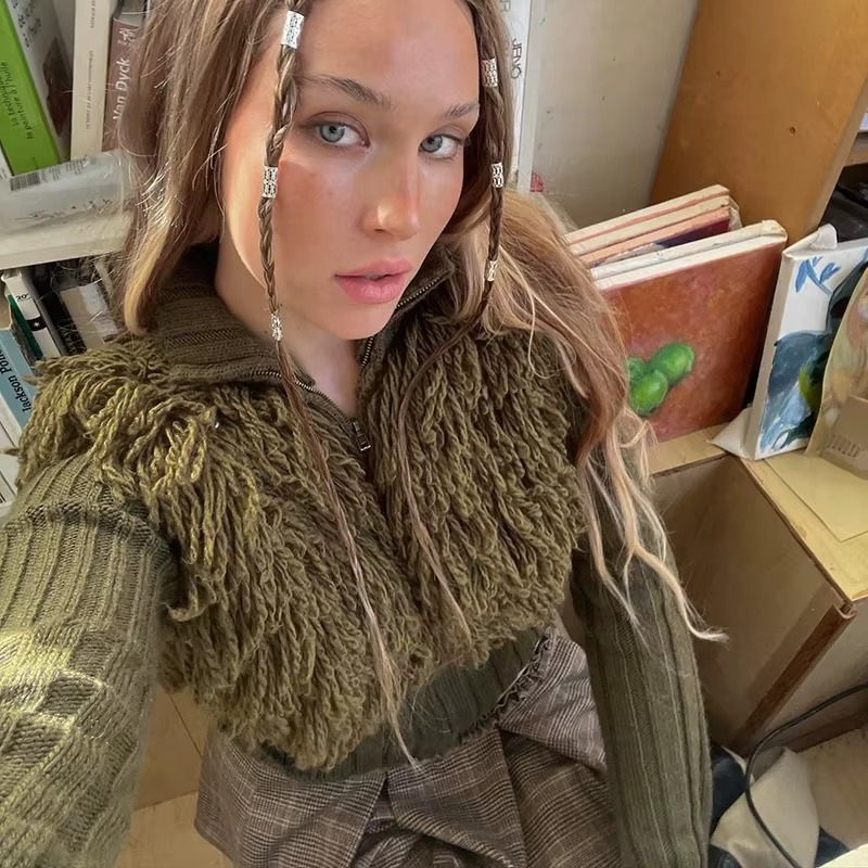 Furry Patchwork Turtleneck Long Sleeve Knitted Cardigan Top - Image 12