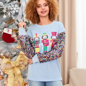 Glitter Sequined Patchwork Long Sleeve Crew Neck Printed Christmas Sweatshirt Tops