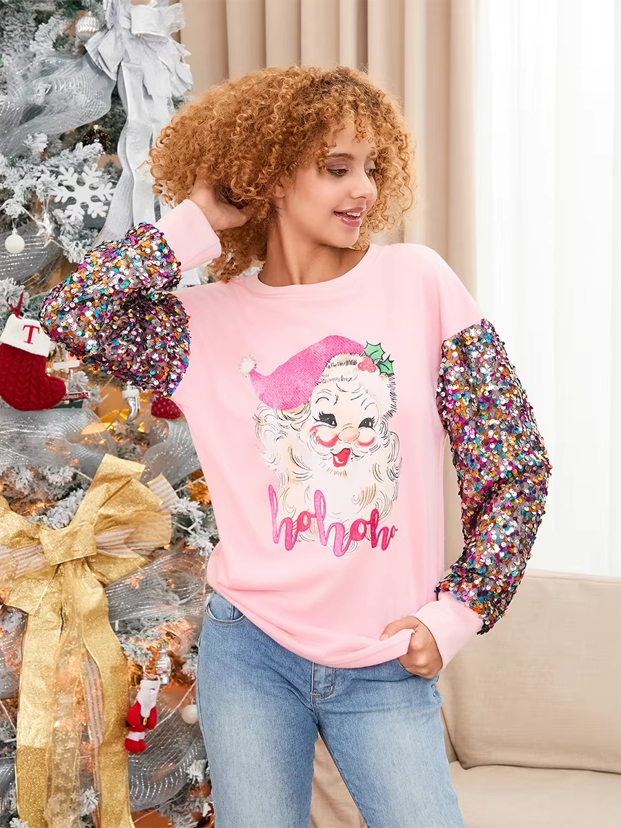 Patchwork Crew Neck Printed Glitter Sequined Long Sleeve Christmas Sweatshirt Tops - Image 3