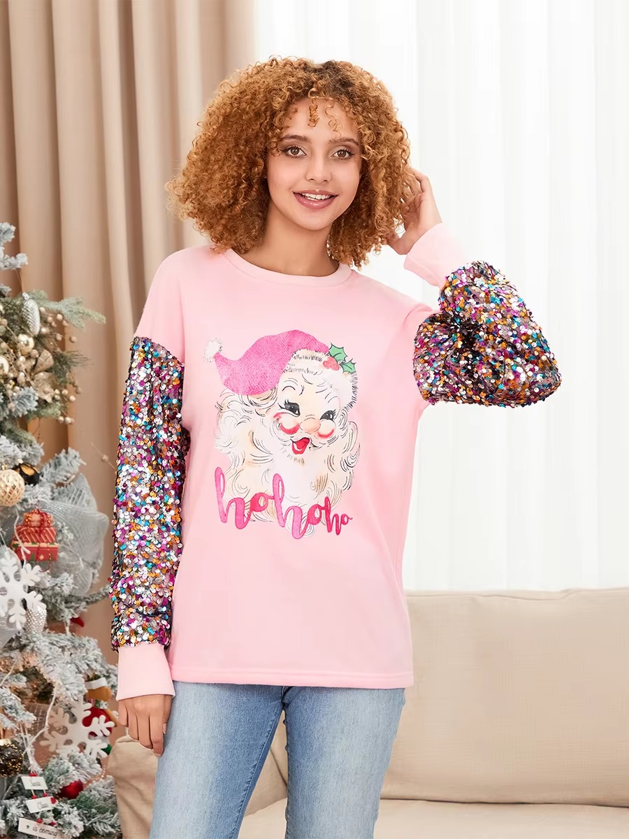 Patchwork Crew Neck Printed Glitter Sequined Long Sleeve Christmas Sweatshirt Tops - Image 5