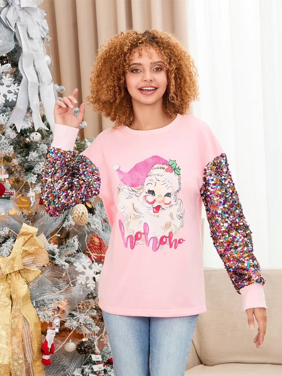 Patchwork Crew Neck Printed Glitter Sequined Long Sleeve Christmas Sweatshirt Tops - Image 6