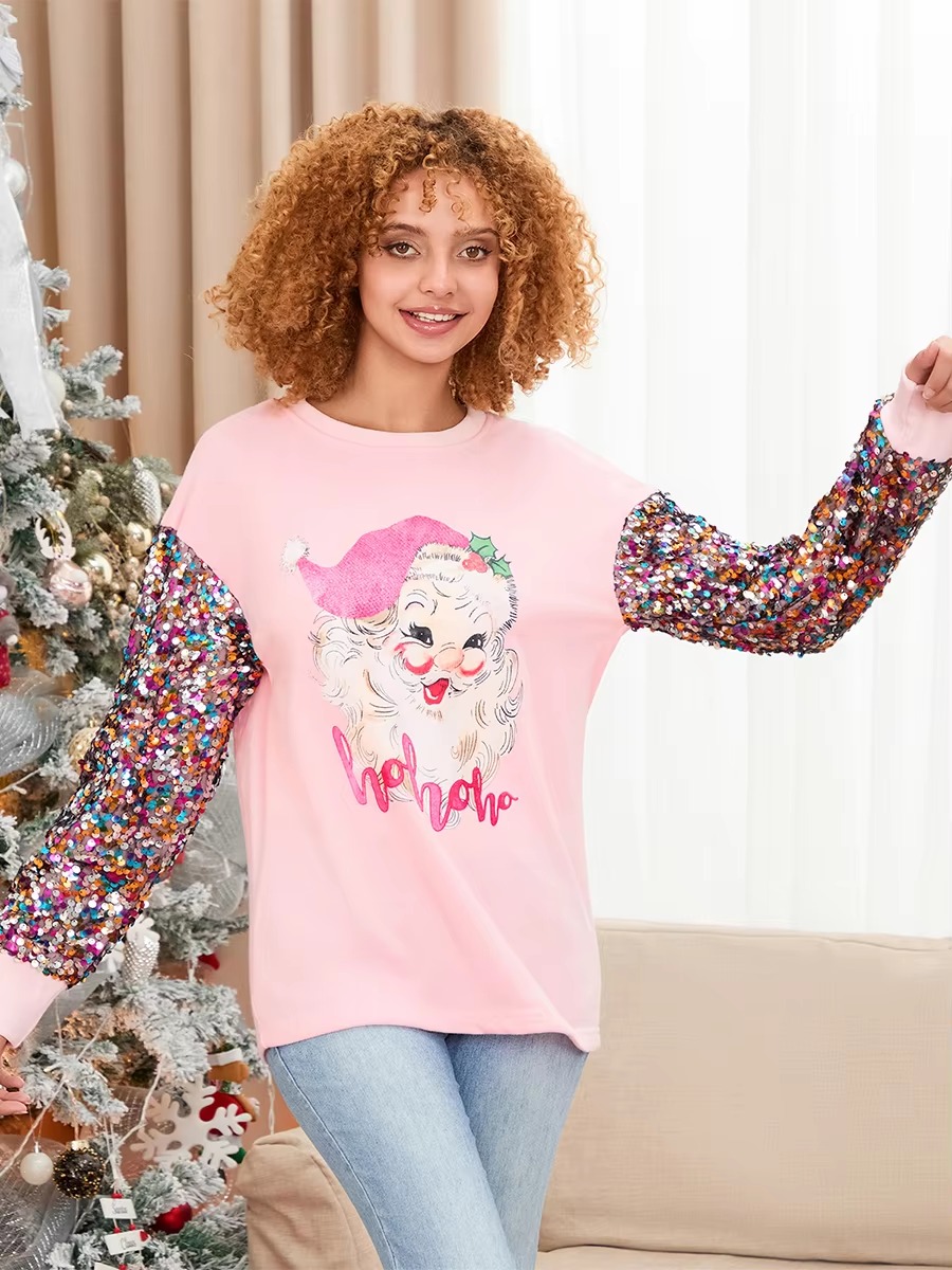 Patchwork Crew Neck Printed Glitter Sequined Long Sleeve Christmas Sweatshirt Tops - Image 7