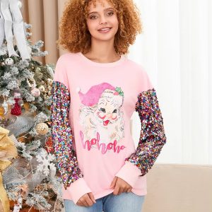 Patchwork Crew Neck Printed Glitter Sequined Long Sleeve Christmas Sweatshirt Tops
