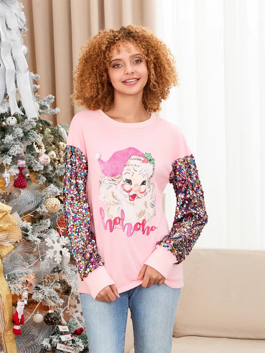 Patchwork Crew Neck Printed Glitter Sequined Long Sleeve Christmas Sweatshirt Tops